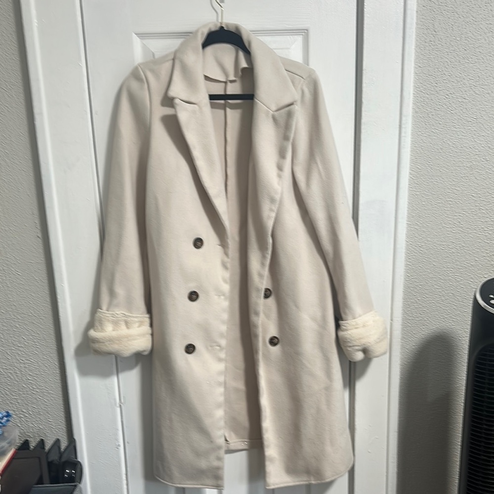 SHEIN Cream Pea Coat with Faux Fur Trim